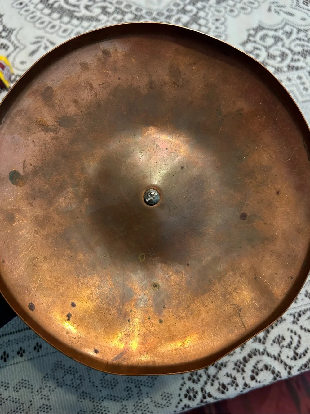 Vintage Antique Copper Two-Handled Covered Dish with White Knob 8” by 10”